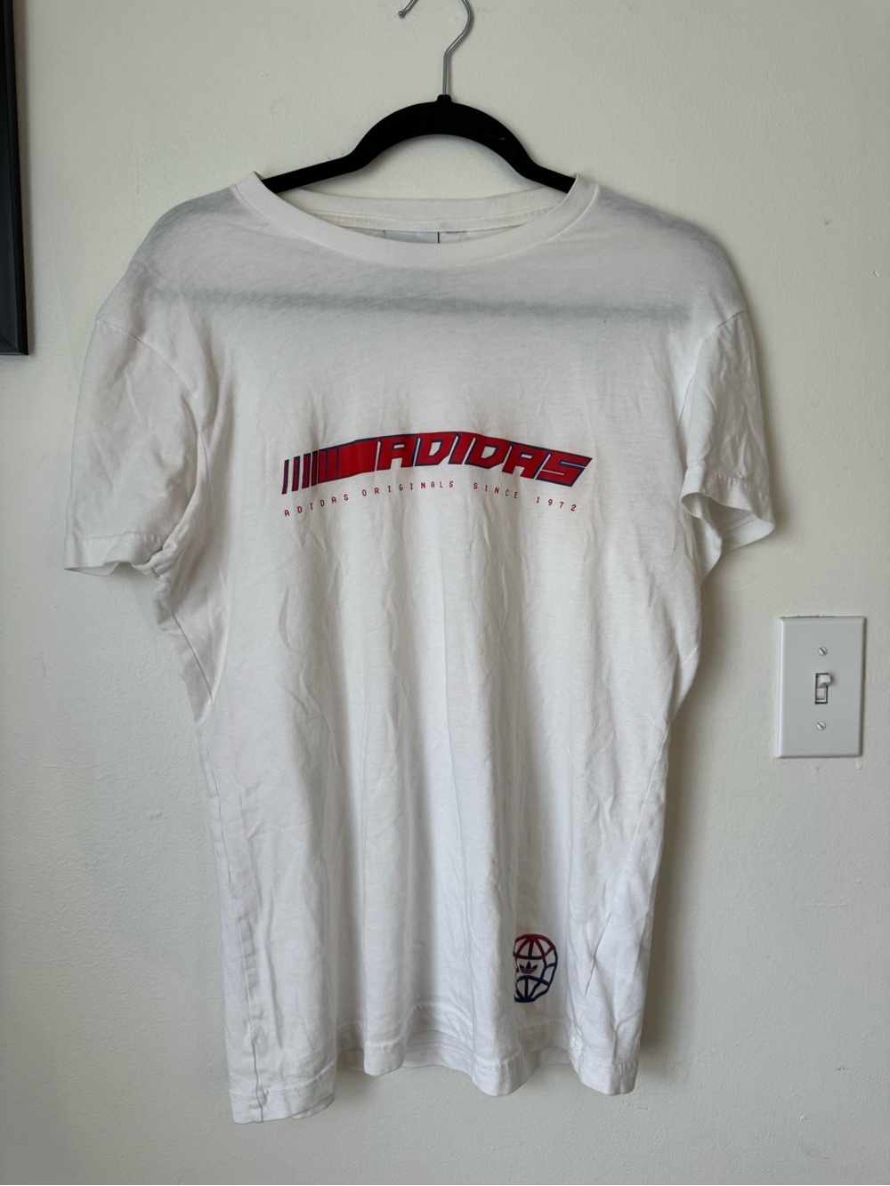 adidas White Short-Sleeve Tee with Red Logo Graphic